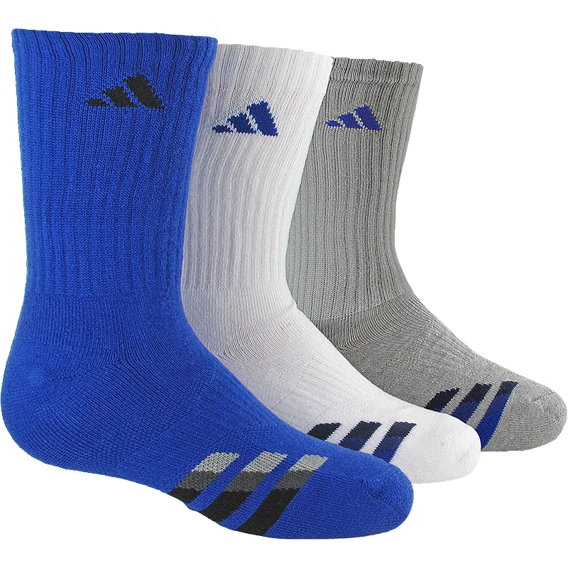 Adidas Striped 3 Pack Crew Junior's Tennis Socks Blue/white/grey