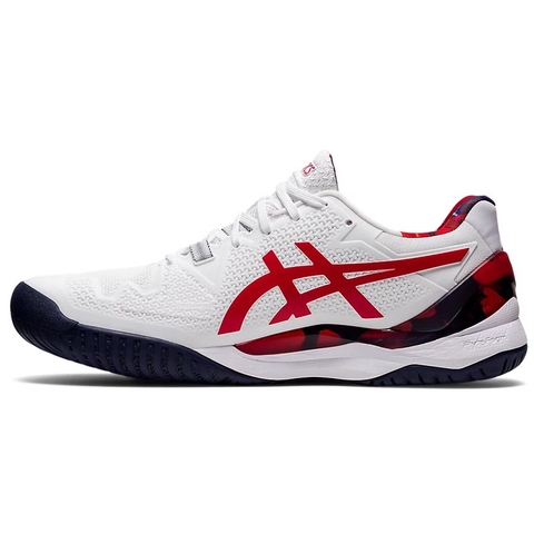 fear Athletic beside Asics Gel Resolution 8 L.E. Men's Tennis Shoe White/red